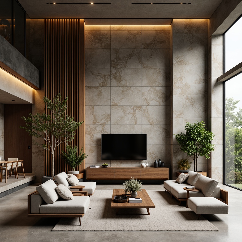 Prompt: Sophisticated modern living room, accent wall featuring natural stone textures, earthy tones, sleek lines, geometric patterns, LED ambient lighting, polished concrete floors, minimalist decor, industrial chic furniture, metallic accents, greenery installations, floor-to-ceiling windows, neutral color palette, 3/4 composition, shallow depth of field, warm soft focus.