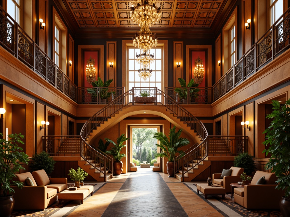 Prompt: Luxurious Art Deco school, ornate metalwork details, symmetrical fa\u00e7ade, geometric patterns, vibrant color schemes, high ceilings, grand staircases, intricate moldings, lavish chandeliers, sconce lighting, warm golden tones, soft diffused lighting, dramatic spotlights, ambient shadows, 1/1 composition, realistic textures, subtle animations, ornate furniture, rich wood accents, metallic finishes, elegant typography, sophisticated color palette, afternoon natural light, cinematic atmosphere.