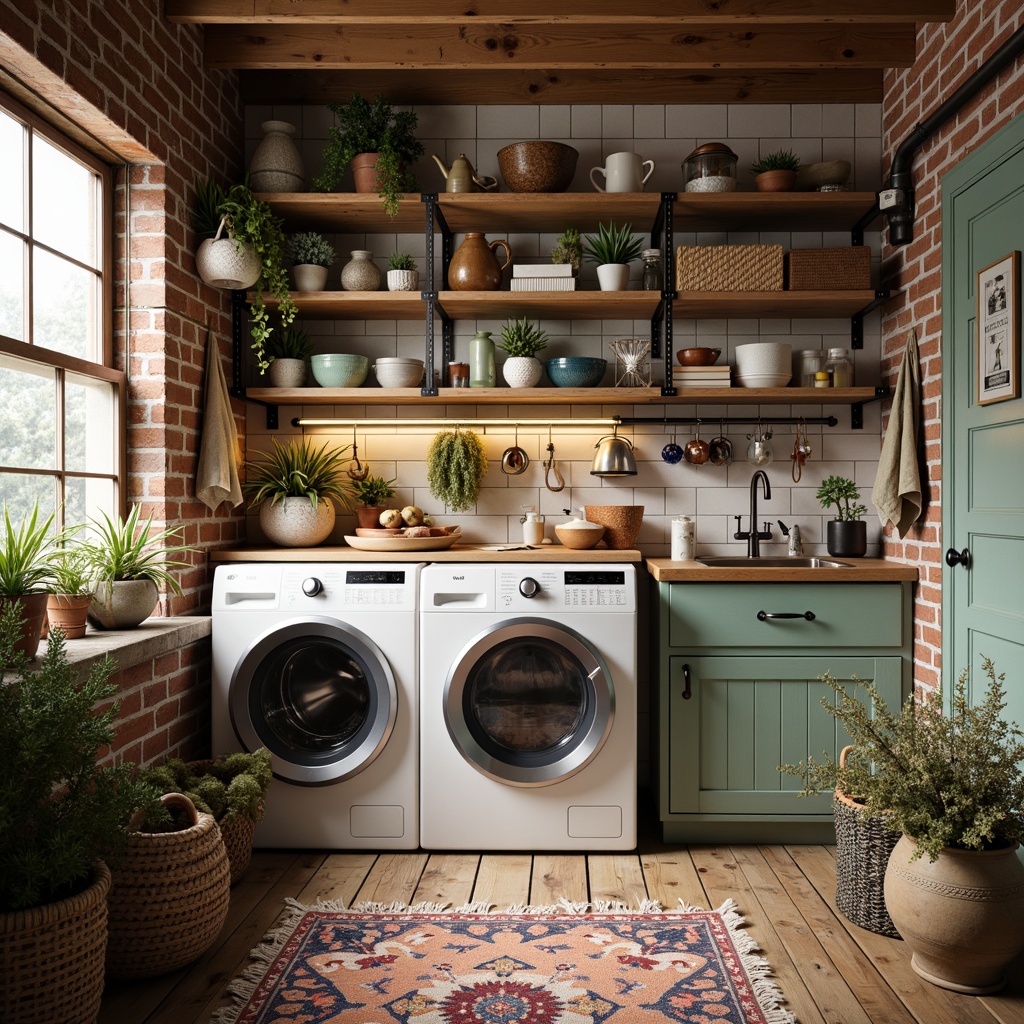 Prompt: Whimsical laundry room, eclectic decor, vintage washing machine, distressed wood shelves, colorful ceramic tiles, industrial metal pipes, rustic brick walls, warm cozy lighting, soft pastel colors, natural textiles, woven baskets, potted greenery, ornate metal fixtures, decorative rugs, 1/1 composition, shallow depth of field, realistic textures, ambient occlusion.