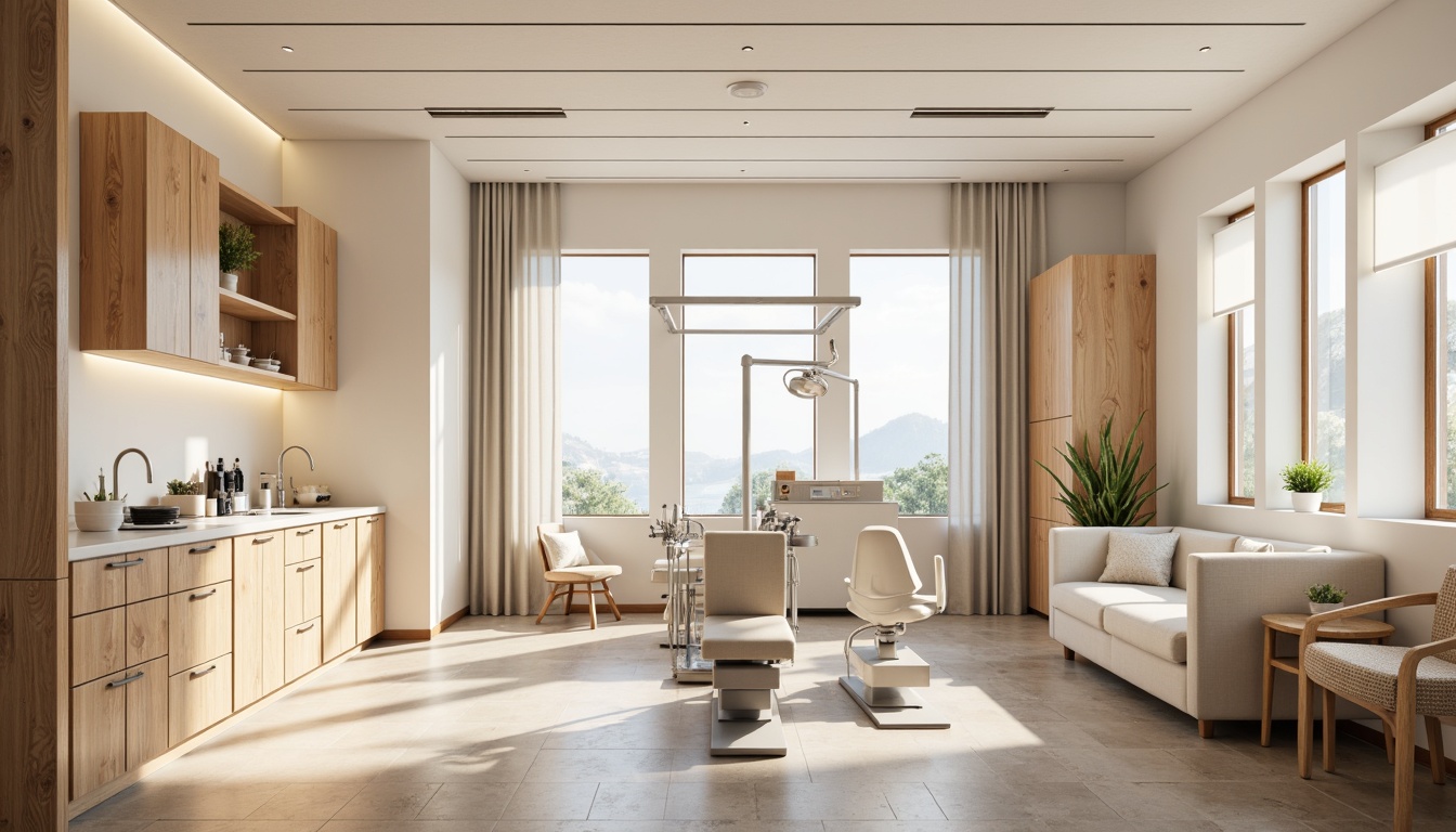 Prompt: Light-filled Scandinavian dental clinic, minimalistic interior design, wooden accents, pale wood tones, soft beige walls, creamy white surfaces, gentle texture patterns, subtle grain details, calming natural materials, soothing color palette, warm LED lighting, modern dental equipment, sleek metal fixtures, minimalist cabinetry, Nordic-inspired decorative elements, woven textile upholstery, earthy stone flooring, airy open spaces, 1/1 composition, softbox lighting, ambient shadows, realistic material reflections.