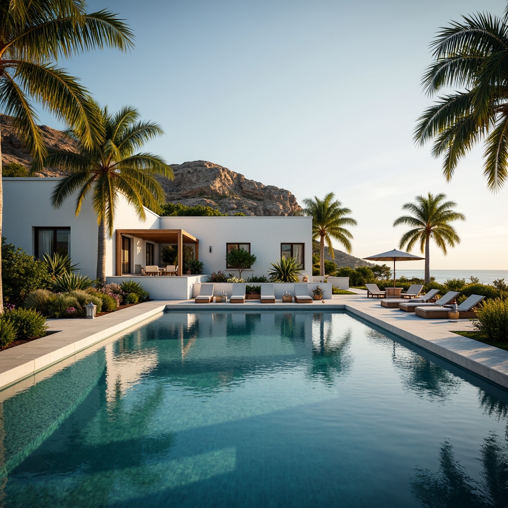 Prompt: \Sapphire-inspired luxury villa, modern Mediterranean architecture, crystal-clear waters, majestic palm trees, warm sandy beaches, soft golden lighting, creamy white walls, rich blue accents, ornate metal details, lavish furnishings, velvety smooth textures, shallow depth of field, 1/2 composition, cinematic view, realistic reflections, ambient occlusion.\