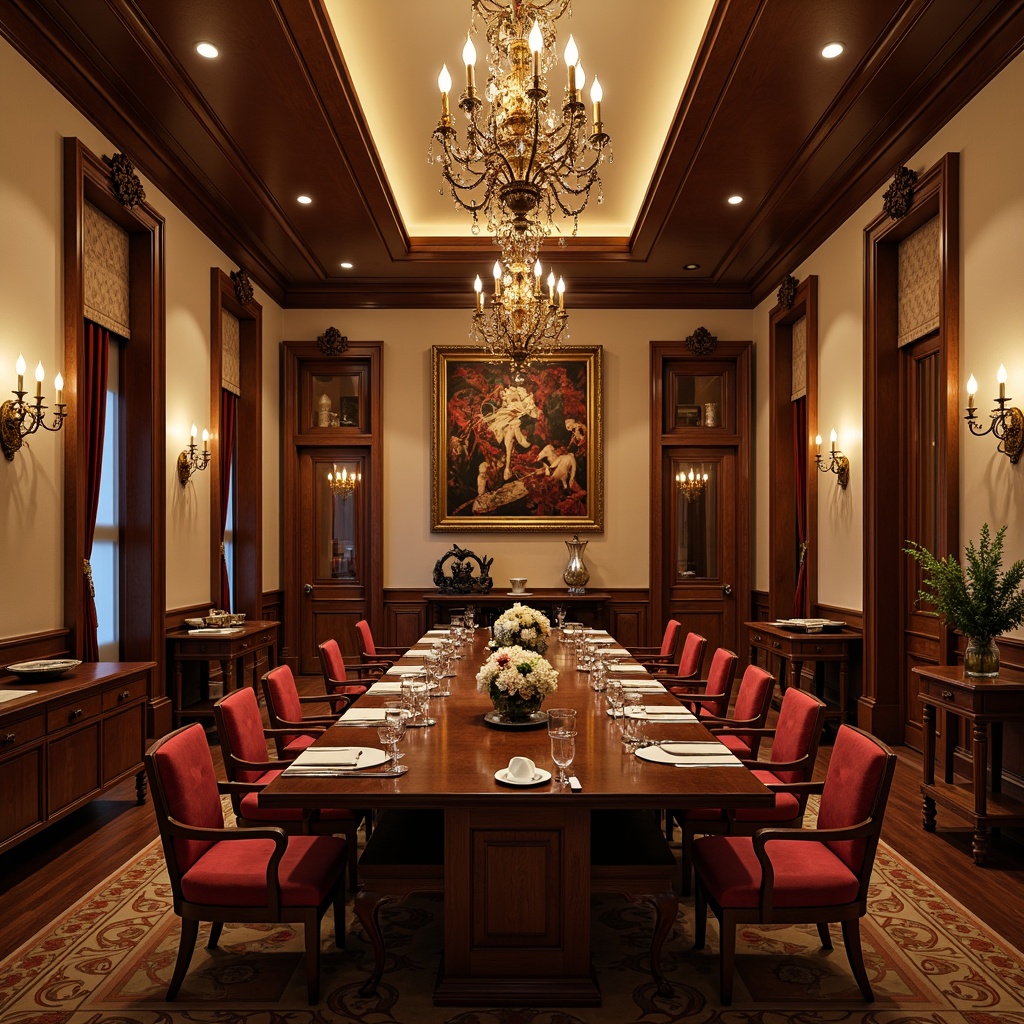 Prompt: \Elegant traditional dining room, rich wood tones, ornate carvings, velvet upholstery, tufted chairs, formal tables, crystal chandeliers, luxurious fabrics, classic patterns, soft warm lighting, 1/1 composition, intimate atmosphere, warm beige walls, dark hardwood floors, subtle molding details, refined decor, sophisticated accents.\