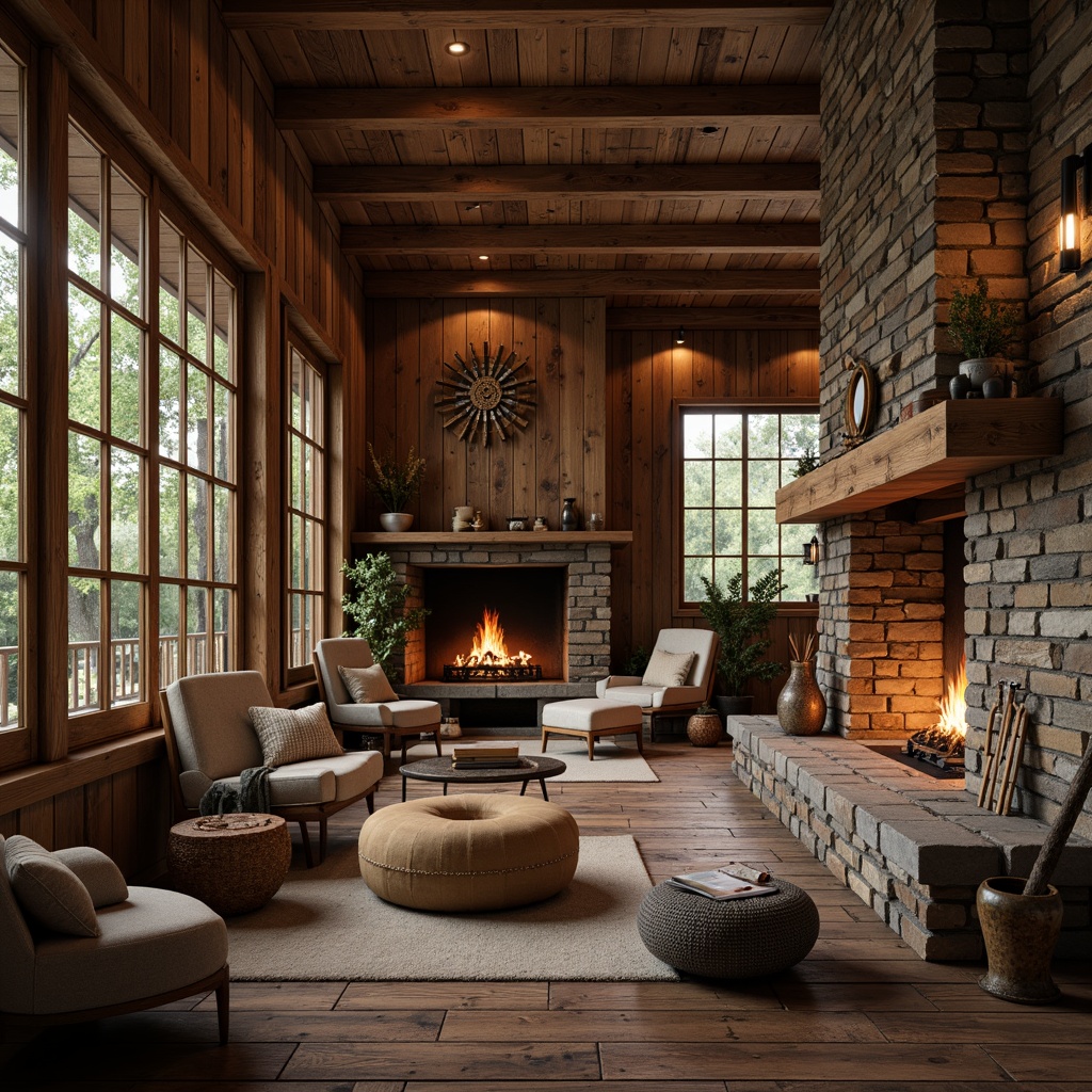 Prompt: Rustic wooden cabins, distressed textures, earthy tones, natural stone walls, reclaimed wood accents, vintage metal decorations, worn brick floors, cozy fireplaces, plush furnishings, warm ambient lighting, shallow depth of field, 1/2 composition, soft focus, realistic wood grains, organic shapes, earthy color palette.