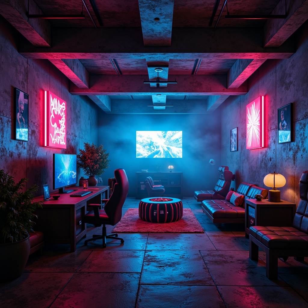 Prompt: Moody game room, brutalist architecture, exposed concrete walls, industrial metal beams, dimmable neon lights, atmospheric fog effects, dark ambient shadows, spotlights on gaming stations, LED strip lighting, futuristic glow accents, metallic textures, rough stone floors, raw wood accents, urban graffiti, edgy modern furniture, low-poly 3D models, cinematic camera angles, shallow depth of field, 2.5D composition, dynamic light simulations, realistic reflections.