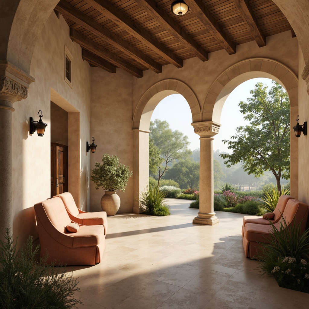 Prompt: Soothing monastery interior, cream-colored stone walls, rustic wooden accents, elegant archways, subtle golden lighting, warm beige floors, soft peach-toned furniture, serene natural surroundings, lush greenery, misty morning light, shallow depth of field, 1/2 composition, atmospheric perspective, realistic textures, ambient occlusion, earthy color palette, muted turquoise hues, soft sage accents, weathered copper details.