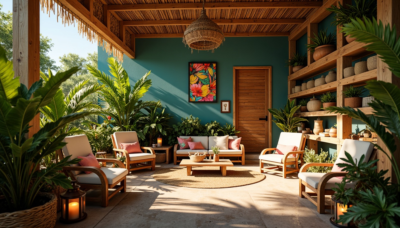 Prompt: Vibrant tropical storage room, exotic palm trees, woven rattan furniture, natural jute rugs, colorful tiki torches, warm golden lighting, soft lanterns, rustic wooden shelves, woven bamboo baskets, lush greenery, floral patterns, ocean-inspired decor, sunny day, bright overhead lighting, 1/1 composition, shallow depth of field, ambient occlusion.