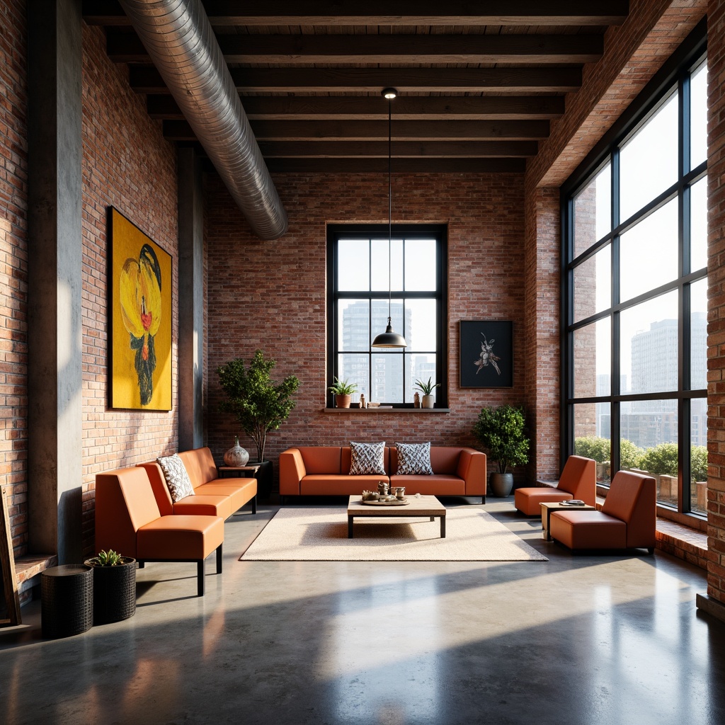 Prompt: Minimalist interior, industrial chic decor, exposed brick walls, polished concrete floors, functional furniture, geometric shapes, primary color accents, sleek metal fixtures, pendant lamps, recessed lighting, floor-to-ceiling windows, abundant natural light, soft warm glow, subtle shadows, 1/1 composition, high contrast ratio, dramatic spotlighting, realistic textures, ambient occlusion.