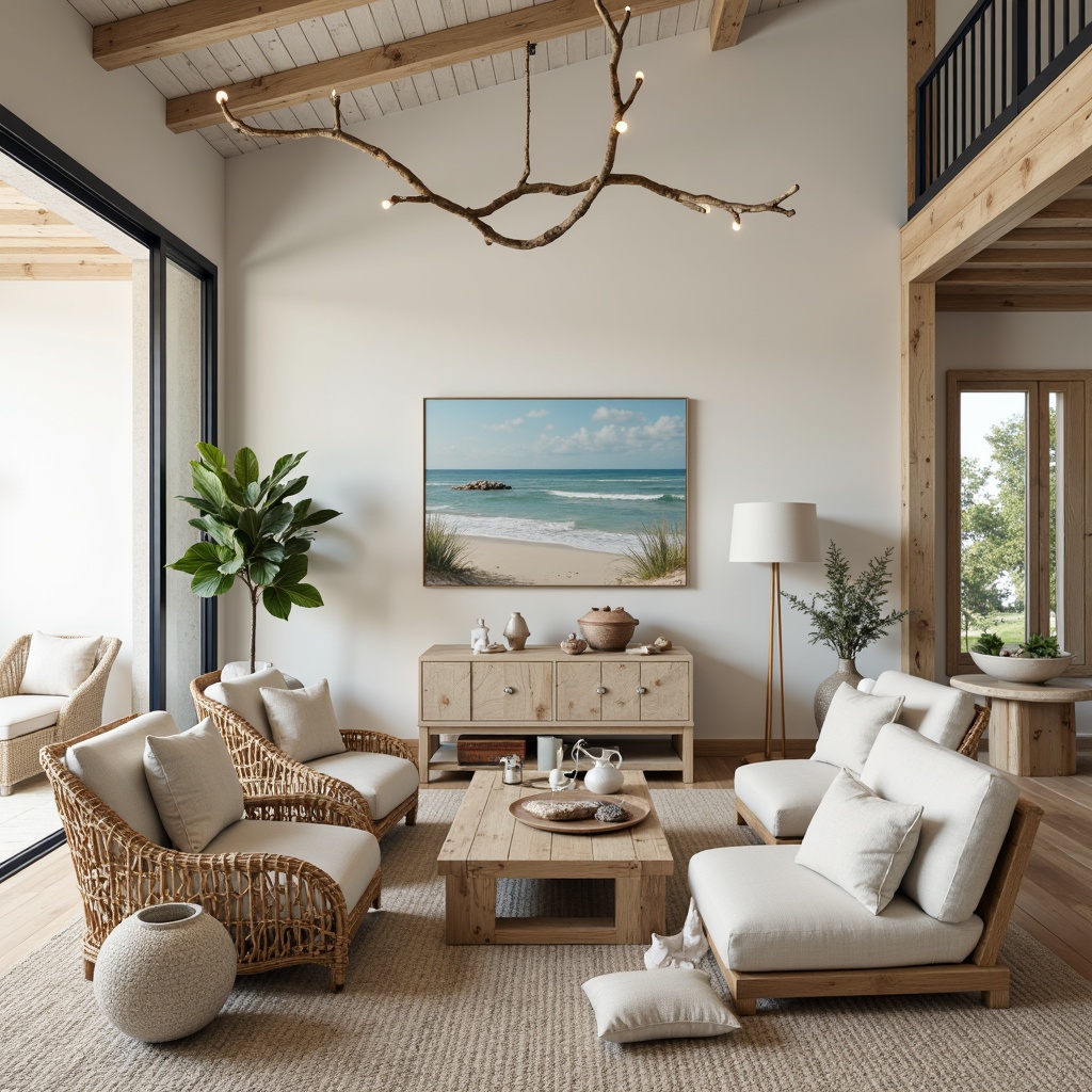 Prompt: Driftwood accents, ocean-blue hues, natural linen fabrics, woven rattan furniture, reclaimed wood coffee tables, shell-shaped decorative accessories, coral-inspired vases, soft cream-colored walls, distressed wood finishes, beachy textiles, nautical rope details, subtle navy blue undertones, airy open spaces, plenty of natural light, floor-to-ceiling windows, sliding glass doors, minimalist decor, organic shapes, weathered metal frames, sea-glass chandeliers, beach-inspired artwork, serene ambiance, warm sandy neutrals, relaxed coastal vibe.