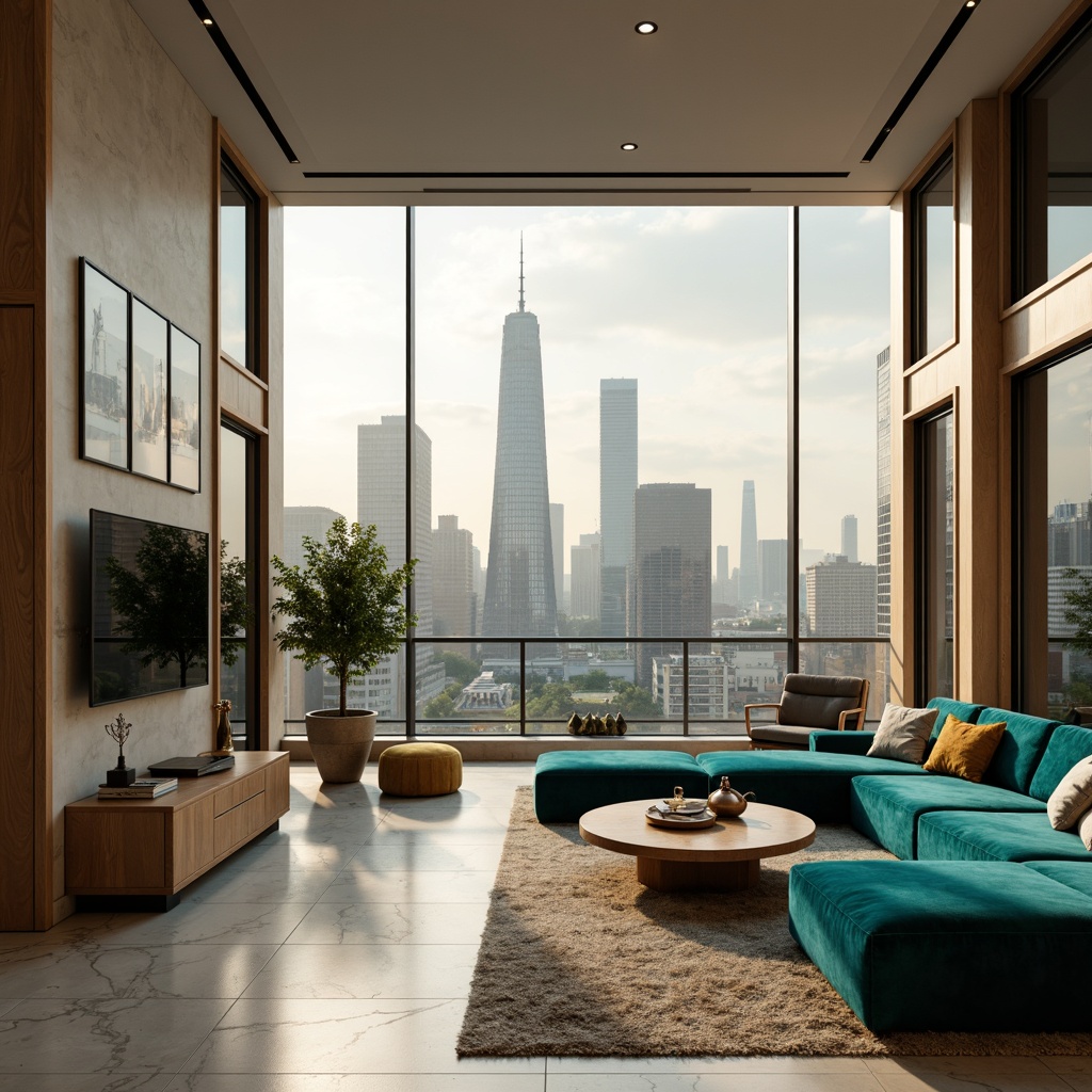 Prompt: Luxurious penthouse, sleek modern architecture, floor-to-ceiling windows, stunning city skyline views, opulent marble flooring, lavish velvet furnishings, rich wood accents, neutral beige walls, bold contrasting colors, vibrant turquoise, deep charcoal grey, warm golden lighting, soft misty atmosphere, 1/1 composition, realistic reflections, ambient occlusion.