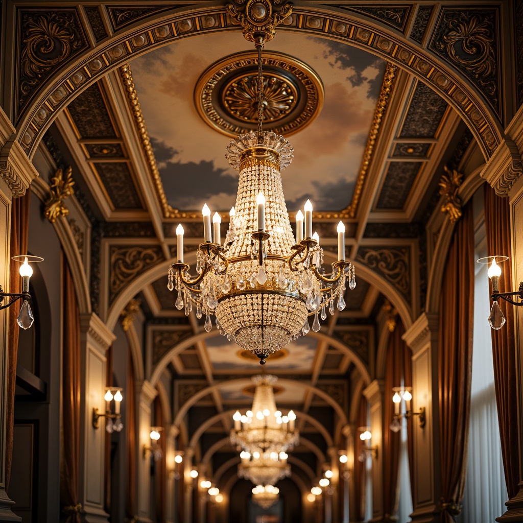 Prompt: Ornate ceiling design, Baroque style interiors, grand chandeliers, intricate moldings, gilded details, fresco paintings, ornamental plasterwork, curved lines, lavish decorations, rich textures, luxurious fabrics, crystal drops, dramatic lighting, high contrast colors, opulent atmosphere, 3/4 composition, shallow depth of field, warm soft focus, realistic render.