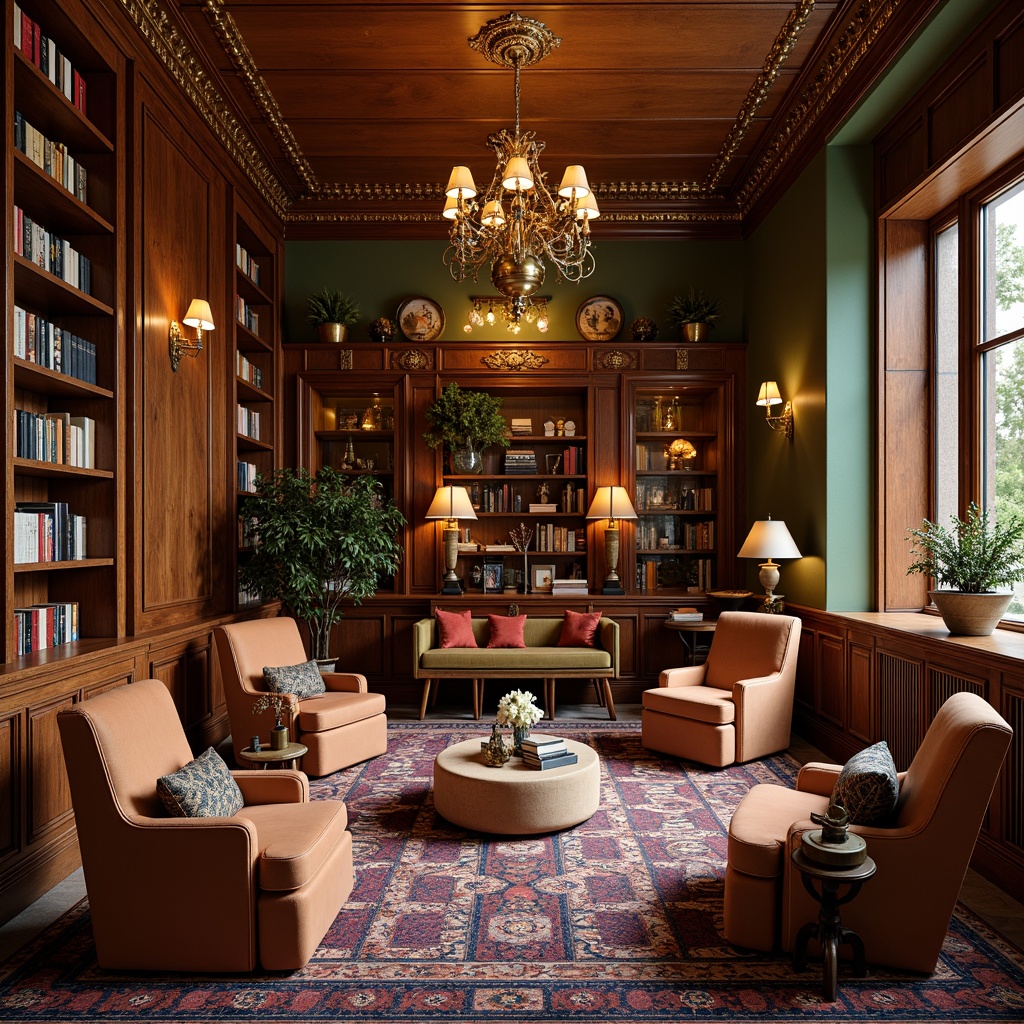 Prompt: Luxurious library interior, rich wood paneling, ornate metalwork, elegant chandeliers, plush velvet armchairs, geometric patterned rugs, bold colored walls, metallic accents, sophisticated Art Deco style, vintage bookshelves, leather-bound books, subtle ambient lighting, warm golden tones, 1/2 composition, shallow depth of field, realistic textures.