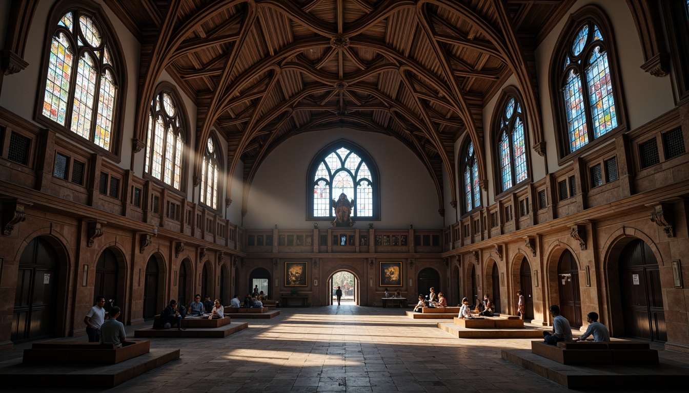 Prompt: Grandiose student hall, ornate archways, pointed ribbed vaults, flying buttresses, stained glass windows, intricate stone carvings, mystical Gothic motifs, dark wooden paneling, mysterious ambiance, warm soft lighting, dramatic shadows, symmetrical composition, high contrast ratio, atmospheric perspective, rich textures, detailed ornaments.