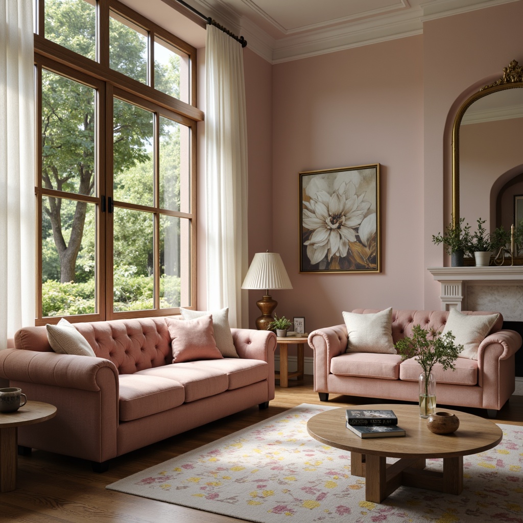 Prompt: Luxurious living room, plush velvet upholstery, soft pastel colors, tufted cushions, rolled arms, sturdy wooden legs, comfortable seating arrangement, warm ambient lighting, natural wood flooring, elegant decorative accents, subtle texture contrasts, inviting atmosphere, cozy reading nook, relaxing ambiance, 1/1 composition, shallow depth of field, realistic fabric rendering.