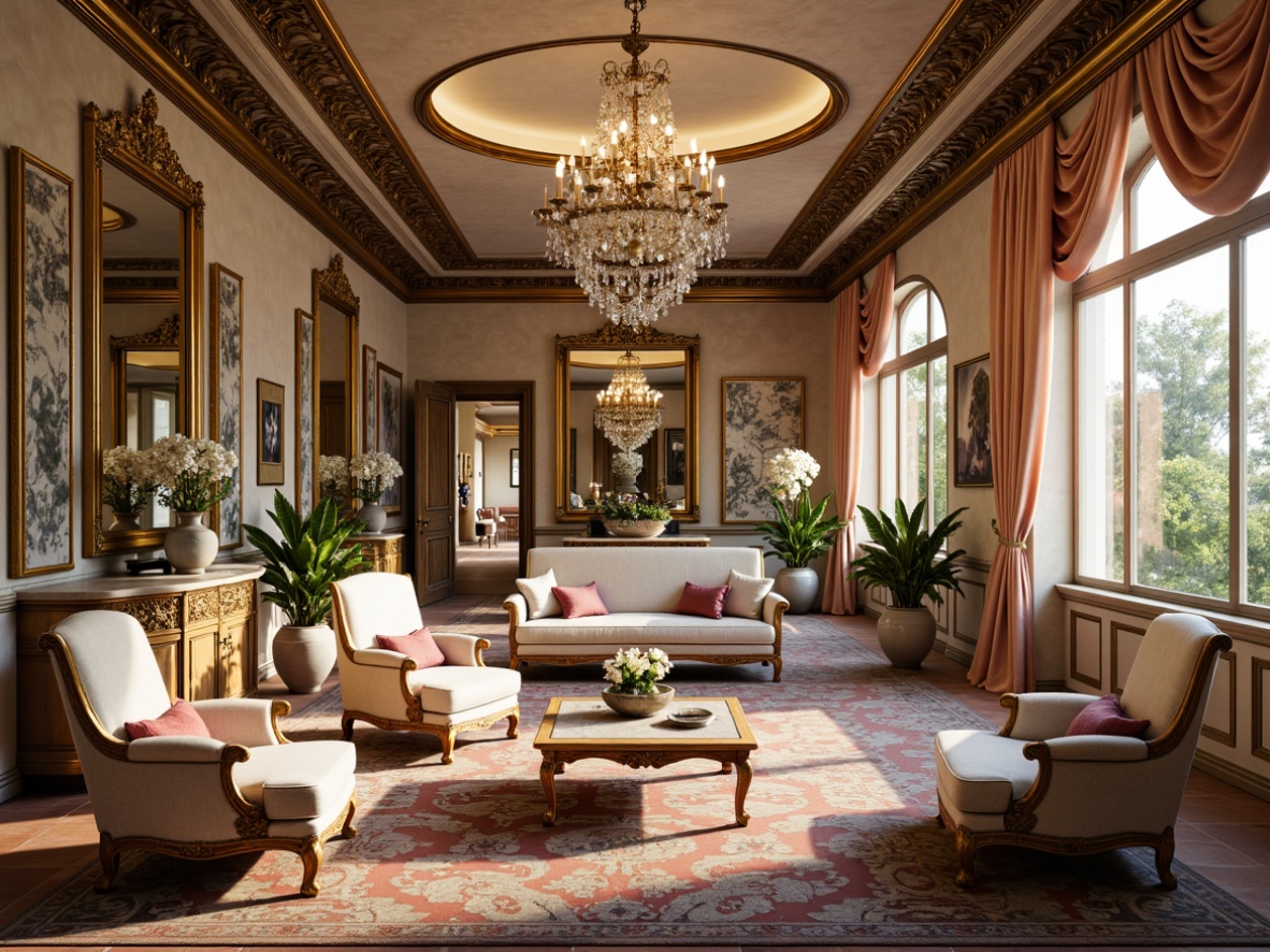 Prompt: Ornate palace, lavish furnishings, curved lines, golden accents, velvet upholstery, intricately carved wood, ornamental mirrors, crystal chandeliers, soft pastel colors, luxurious fabrics, tufted sofas, cabriole legs, scrolled armchairs, gilded frames, marble tabletops, floral patterns, Rococo-inspired motifs, warm candlelight, shallow depth of field, 1/1 composition, highly detailed textures, ambient occlusion.