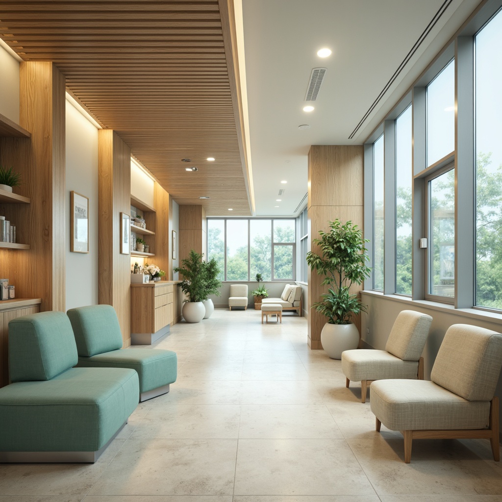 Prompt: Soothing healthcare center, calming atmosphere, gentle curves, natural materials, wooden accents, soft blue hues, pale green tones, creamy whites, warm beige, inviting corridors, comfortable waiting areas, modern medical equipment, sleek metal surfaces, minimalist decor, subtle textures, ambient lighting, shallow depth of field, 1/2 composition, realistic renderings, soft focus, calming ambiance.