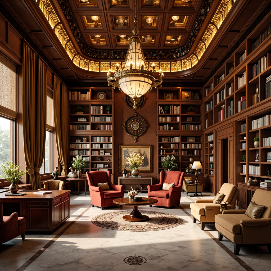 Prompt: Luxurious library interior, rich wood tones, ornate metalwork, geometric patterns, bold color schemes, opulent furnishings, velvet armchairs, sleek wooden desks, grand chandeliers, intricate ceiling details, lavish drapery, Art Deco inspired bookshelves, polished marble floors, warm golden lighting, shallow depth of field, 1/1 composition, realistic textures, ambient occlusion.