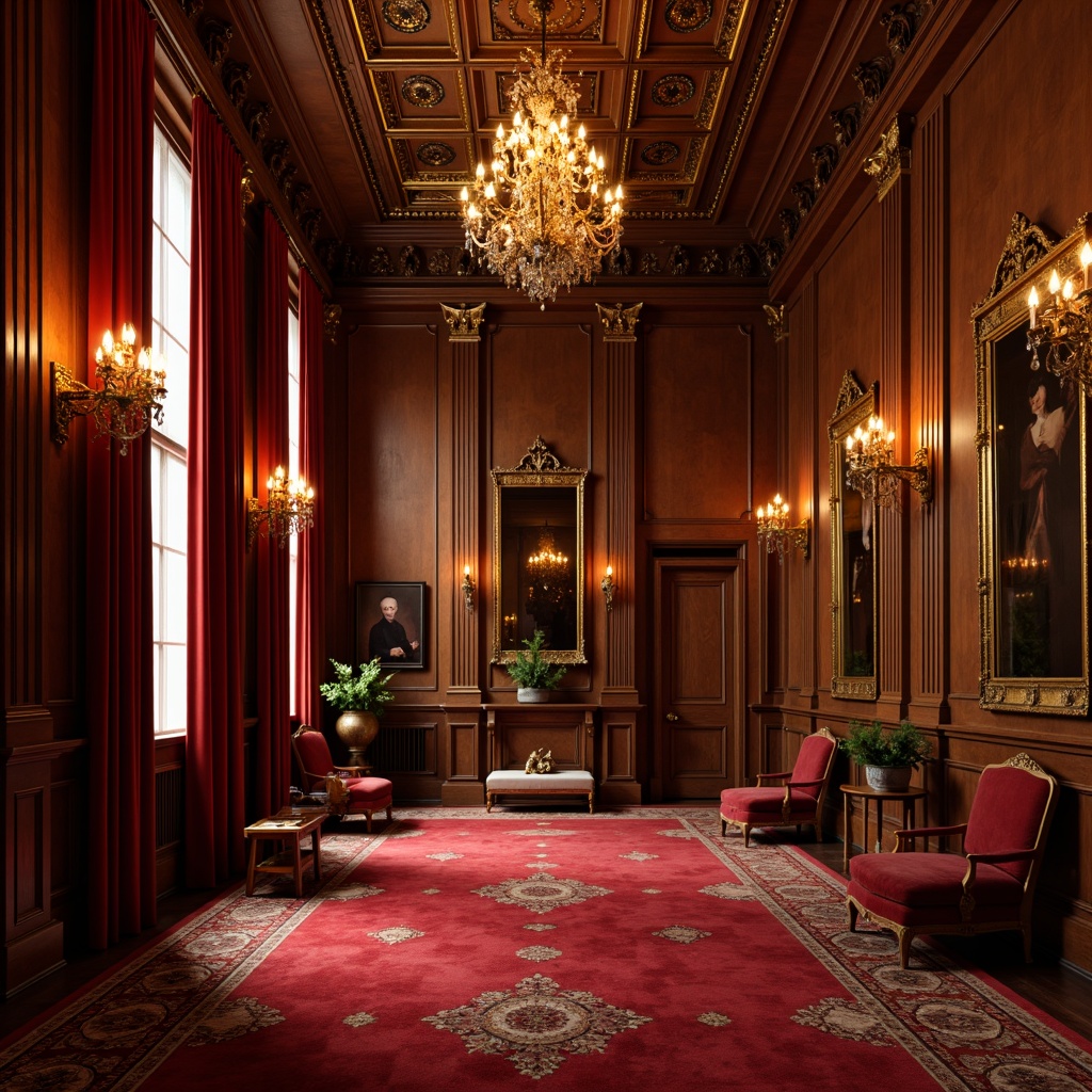 Prompt: Rich velvet drapes, ornate gold frames, decorative wall sconces, traditional wooden paneling, elegant crown molding, luxurious red carpet, grandiose chandeliers, classical columns, intricate plasterwork, warm golden lighting, shallow depth of field, 1/1 composition, symmetrical balance, realistic textures, ambient occlusion.