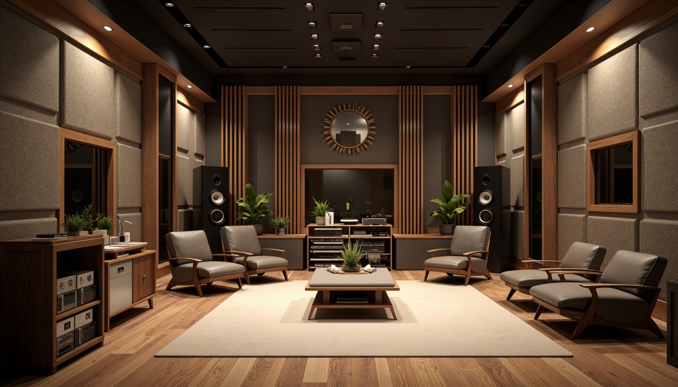 Prompt: Modern recording studio, soundproofed walls, acoustic panels, diffusers, bass traps, wooden flooring, minimal reverberation, optimal speaker placement, professional audio equipment, high-fidelity sound systems, comfortable seating areas, dimmable LED lighting, calm atmosphere, 3/4 composition, shallow depth of field, realistic textures, ambient occlusion.