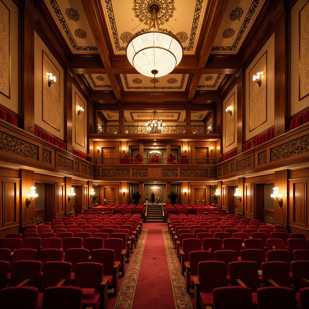 Prompt: Elegant auditorium, ornate chandeliers, rich wood paneling, plush red velvet seats, intricate moldings, grand staircases, classical columns, ornamental balconies, crystal sconces, luxurious carpets, warm golden lighting, shallow depth of field, 1/1 composition, realistic textures, ambient occlusion, detailed acoustic panels, sound-absorbing materials, optimized reverberation time, precise sound reflections, harmonious sound diffusion.