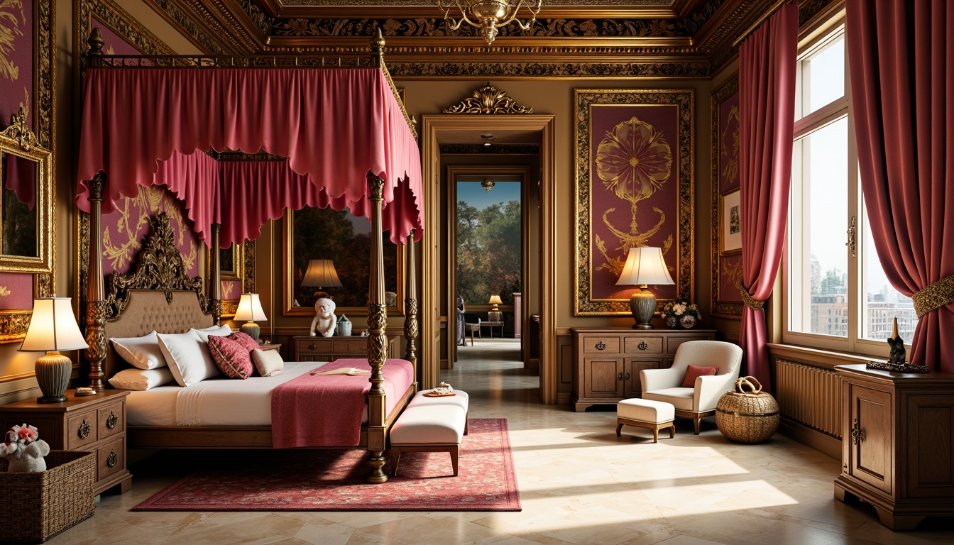 Prompt: Richly ornate kids' bedroom, luxurious velvet drapes, intricately carved wooden furniture, ornamental golden accents, plush toys, vibrant colorful tapestries, regal canopy beds, Renaissance-inspired patterns, classical motifs, soft warm lighting, shallow depth of field, 3/4 composition, realistic textures, ambient occlusion, creamy marble floors, ornate mirrors, lavish fabrics, majestic four-poster beds, playful toy boxes, whimsical wall art.