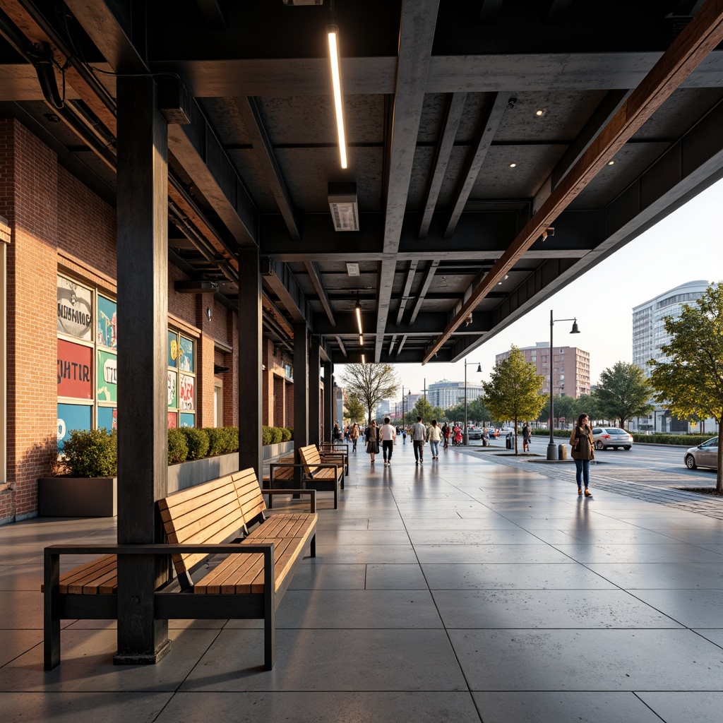 Prompt: Industrial-style bus station, exposed brick walls, metal beams, polished concrete floors, urban atmosphere, modern benches, steel frames, wooden slats, minimalist design, LED lighting, industrial lamps, dynamic shapes, bold color schemes, graffiti-inspired murals, urban landscaping, city views, busy streets, morning rush hour, soft natural light, shallow depth of field, 2/3 composition, cinematic angle, high-contrast rendering.