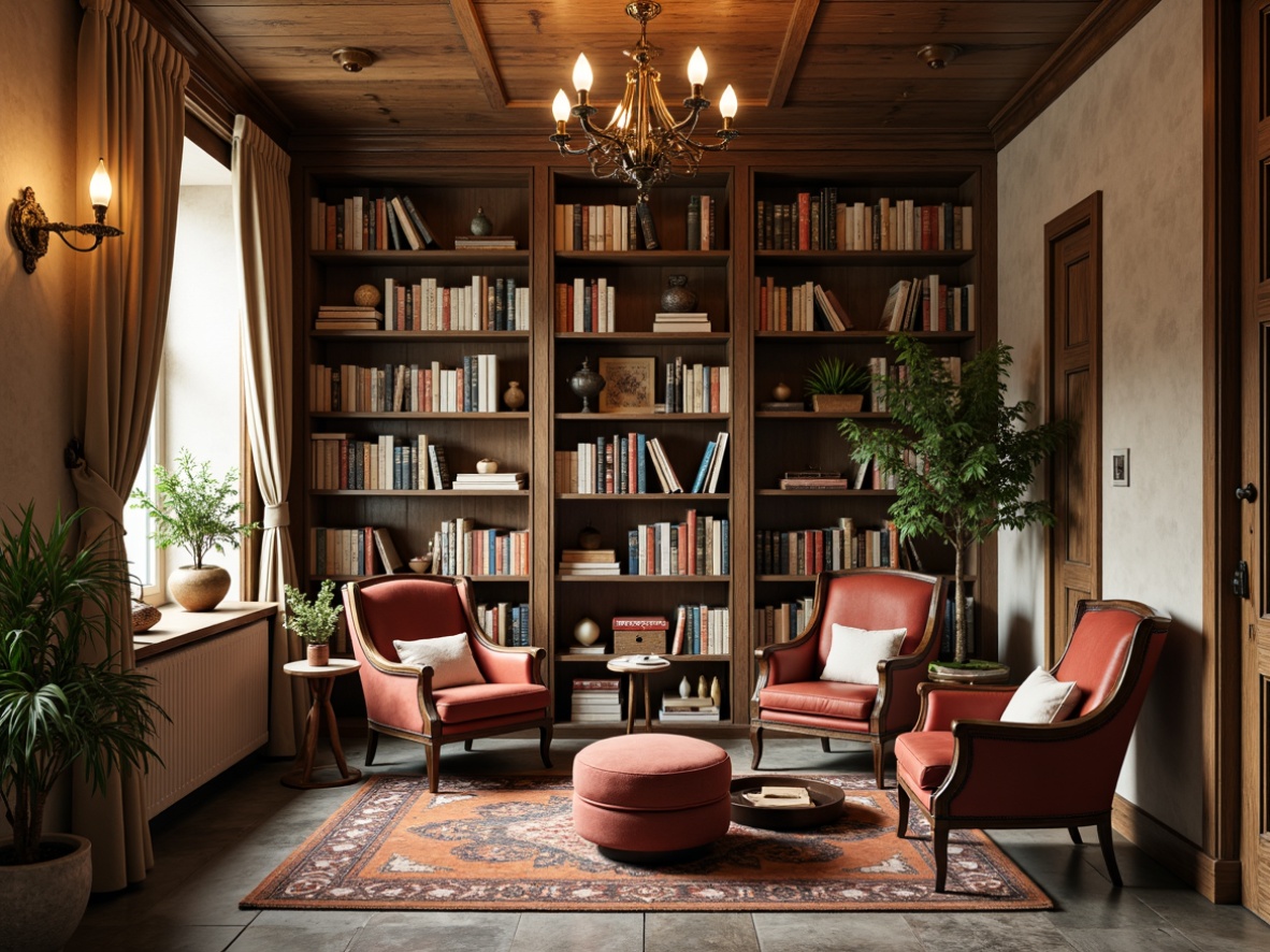 Prompt: Cozy book nook, distressed wood shelving, vintage leather armchairs, plush velvet ottomans, ornate metal chandeliers, soft warm lighting, rustic stone flooring, wooden ladder bookcases, antique decorative accents, rich wood tones, elegant drapery, natural fiber textiles, comfortable reading areas, floor-to-ceiling bookshelves, classic literature displays, warm beige walls, cream-colored furniture, delicate lace trimmings, charming window seats, serene atmosphere, 3/4 composition, realistic textures, ambient occlusion.