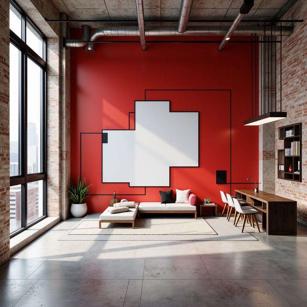 Prompt: Vibrant red accent walls, bold black outlines, stark white backgrounds, geometric shapes, abstract patterns, industrial materials, exposed pipes, minimalist decor, functional furniture, urban loft atmosphere, natural light pouring through large windows, shallow depth of field, 3/4 composition, panoramic view, realistic textures, ambient occlusion.