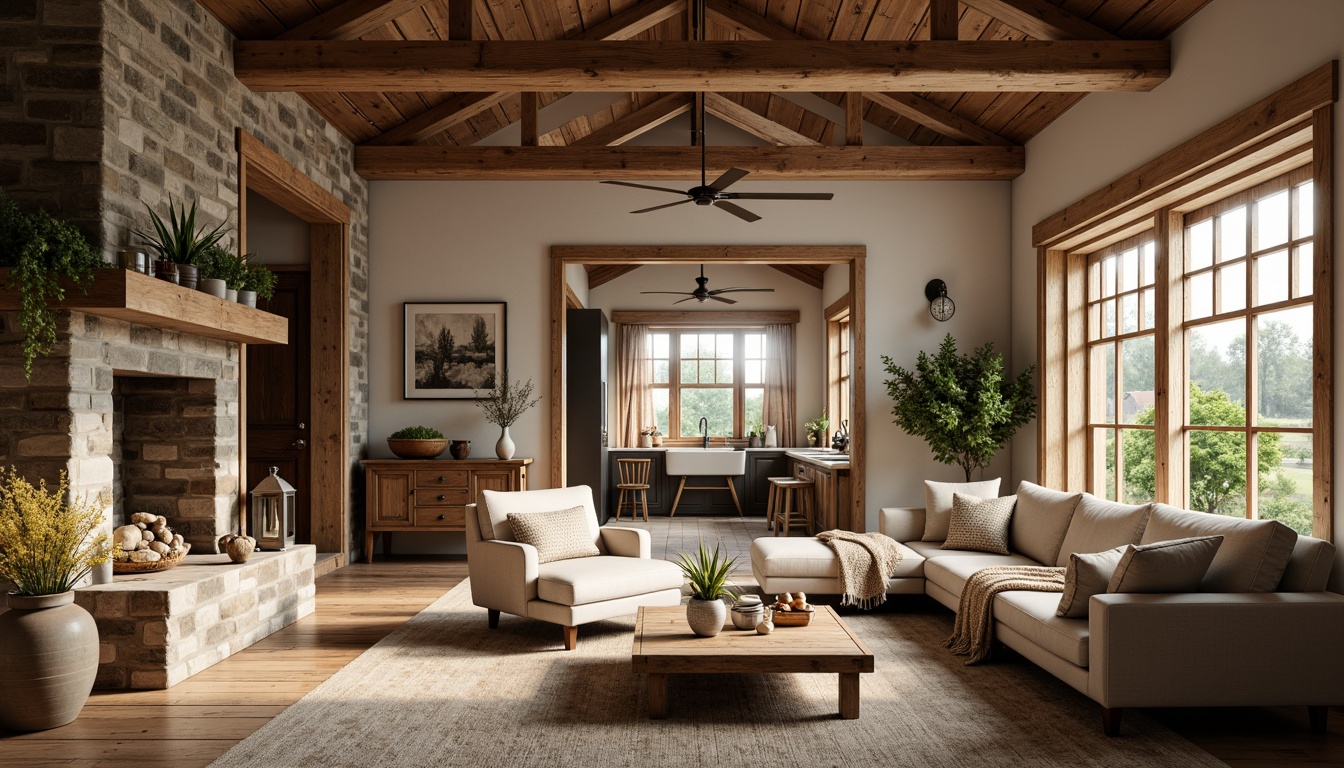 Prompt: Rustic farmhouse, natural wood accents, vintage decor, open-plan living area, cozy reading nook, plush furniture, earthy color palette, stone fireplace, wooden beams, country-style kitchen, farmhouse sink, shiplap walls, metal lanterns, woven textiles, potted plants, large windows, soft warm lighting, 3/4 composition, panoramic view, realistic textures, ambient occlusion.