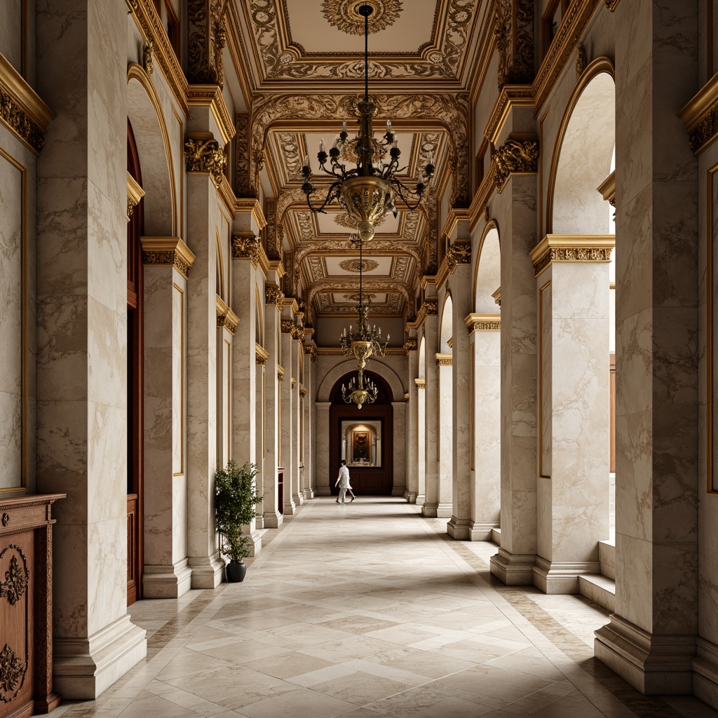 Prompt: Elegant interior walls, ornate plaster moldings, polished marble surfaces, intricately carved wooden paneling, gilded accents, subtle texture variations, soft warm lighting, realistic reflections, subtle ambient occlusion, classic columnar structures, symmetrical compositions, grandiose chandeliers, opulent fresco ceilings, lavish stucco details, refined Renaissance-inspired patterns.