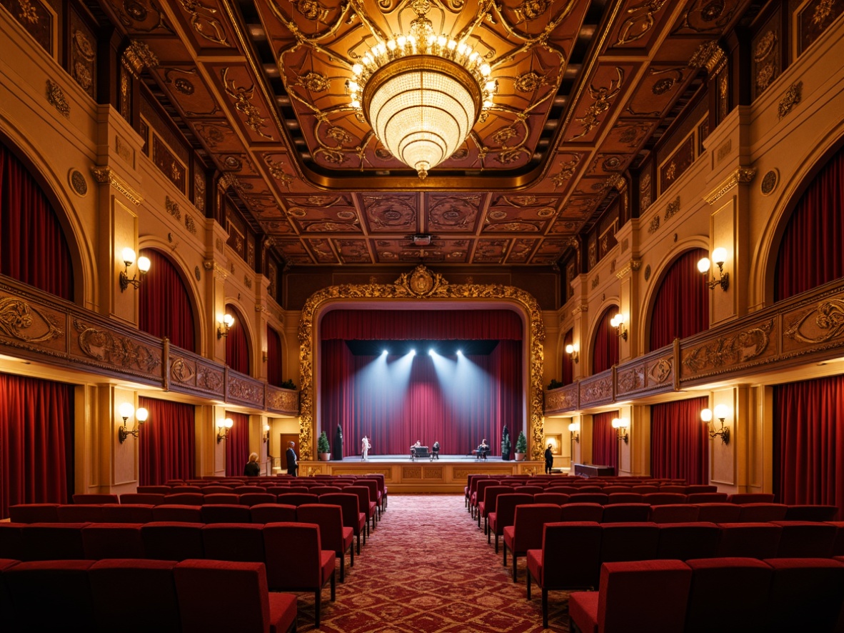 Prompt: Opulent auditorium, ornate wooden paneling, gilded accents, curved lines, flowing organic shapes, velvet drapes, intricately patterned carpets, plush seating, golden lighting fixtures, majestic chandeliers, ornamental plasterwork, decorative moldings, grand stage, crimson curtains, dramatic spotlights, soft warm glow, shallow depth of field, 1/1 composition, realistic textures, ambient occlusion.