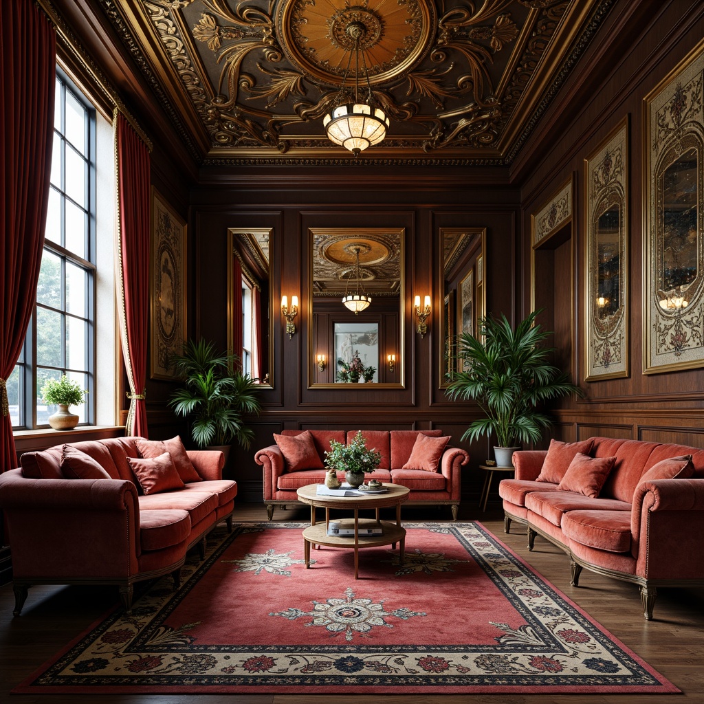 Prompt: Luxurious velvet fabrics, ornate patterns, flowing curves, sinuous lines, organic forms, botanical motifs, peacock feathers, iridescent sheen, golden accents, ornamental mirrors, carved wood paneling, intricate moldings, richly upholstered furniture, lavish drapery, stained glass windows, warm soft lighting, intimate atmosphere, opulent colors, elegant proportions, 2/3 composition, shallow depth of field, realistic textures.