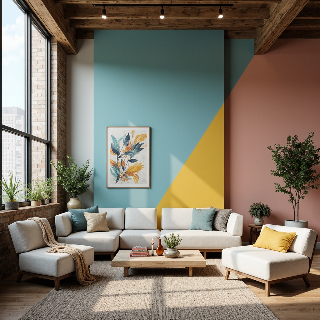 Prompt: Vibrant modern interior, bold accent walls, pastel furniture, monochromatic decor, earthy tones, natural materials, wooden accents, creamy whites, soft grays, calming blues, warm neutrals, cozy textiles, abstract artwork, eclectic patterns, industrial chic, minimalist vibes, urban loft atmosphere, dramatic lighting, high-contrast shadows.