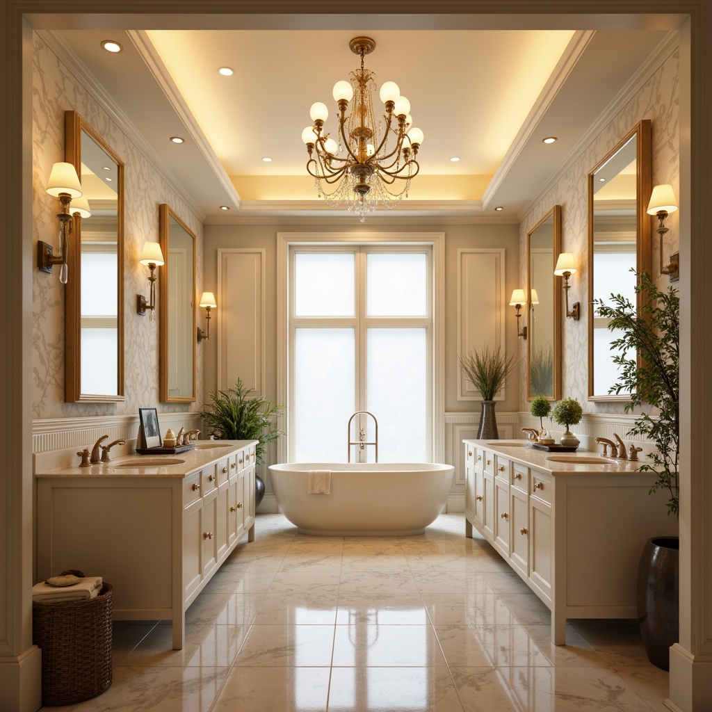 Prompt: Elegant bathroom, soft warm glow, ornate lighting fixtures, crystal chandeliers, polished chrome finishes, frosted glass shades, delicate flower patterns, creamy white marble countertops, luxurious freestanding tubs, rainfall showerheads, spa-inspired ambiance, natural stone floors, ambient occlusion, 1/1 composition, shallow depth of field, warm color temperature.