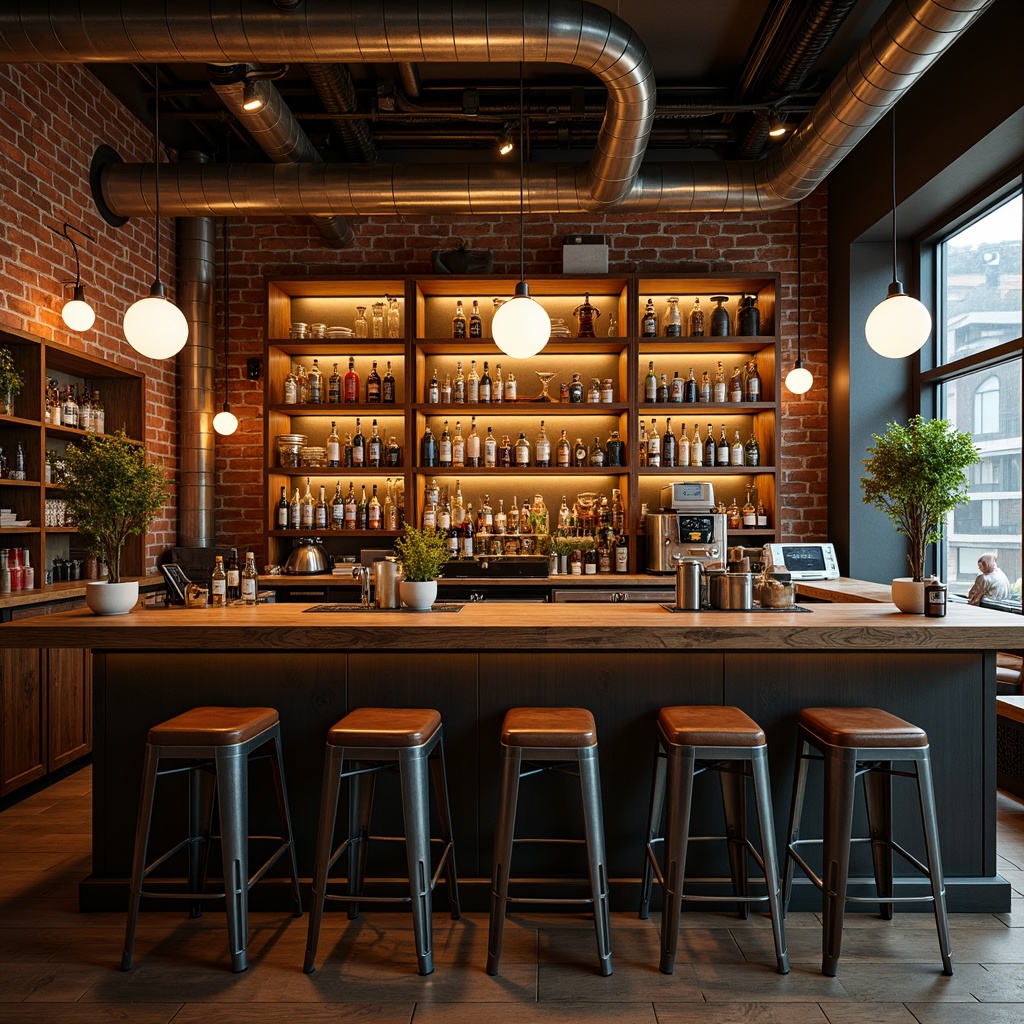 Prompt: Industrial-chic home bar, reclaimed wood countertops, metal stools, distressed leather upholstery, Edison bulb lighting, exposed brick walls, urban loft atmosphere, cozy nooks, comfortable seating areas, eclectic decor, vintage industrial machinery, rich wood tones, warm ambient glow, shallow depth of field, 2/3 composition, realistic textures, cinematic mood.