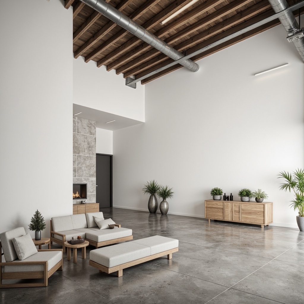 Prompt: Matte white walls, polished concrete floors, industrial metal beams, sleek wooden accents, minimalist decor, modern low-profile furniture, subtle texture contrasts, warm soft lighting, shallow depth of field, 3/4 composition, panoramic view, realistic reflections, ambient occlusion, sparse greenery, elegant simplicity, calm atmosphere.