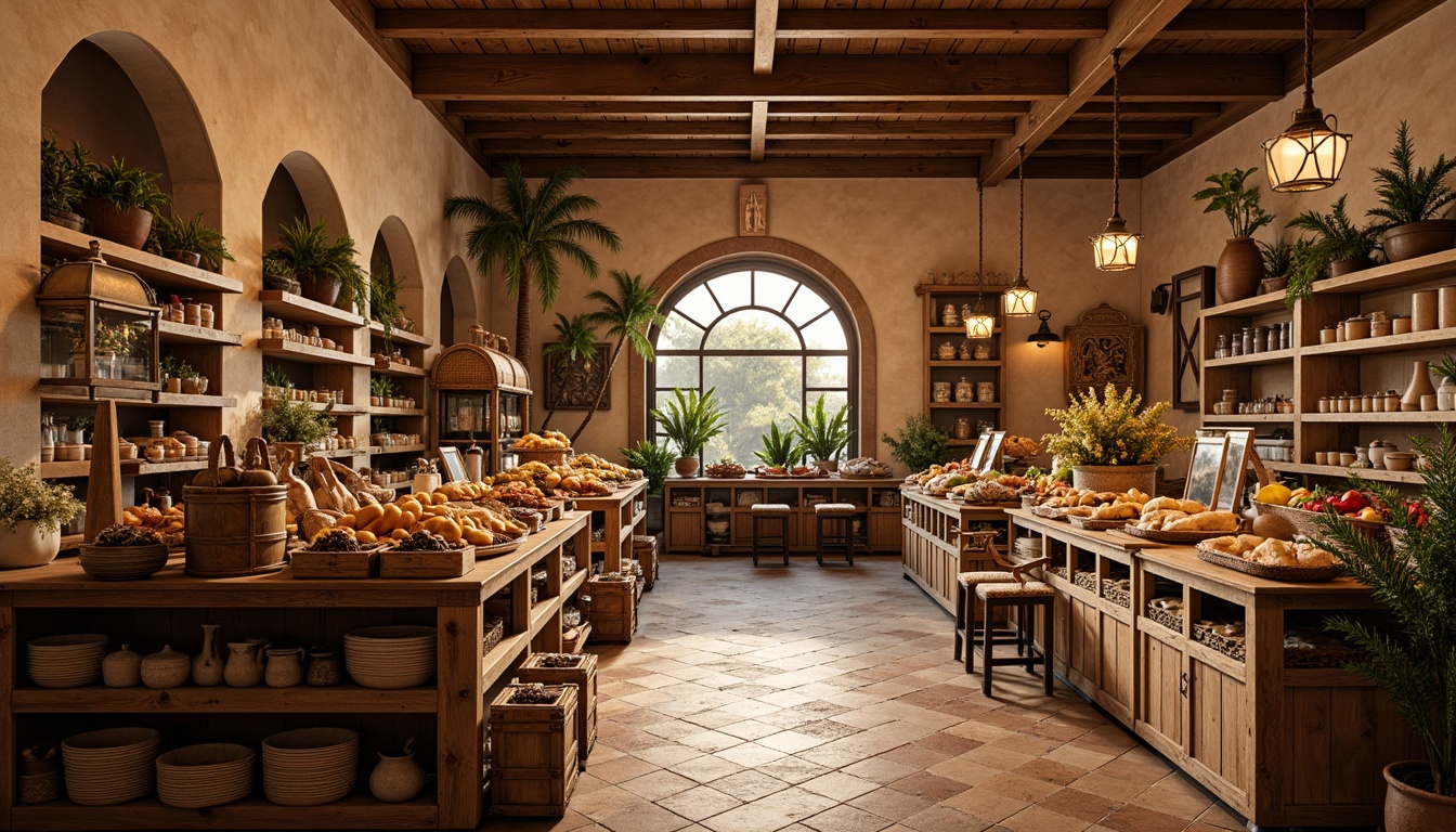 Prompt: Warm Mediterranean grocery store, rustic wooden shelves, traditional clay tiles, vintage metal lanterns, soft warm lighting, pendant lamps, distressed finishes, earthy color palette, woven baskets, ceramic vases, fresh produce displays, aromatic spices, warm beige walls, decorative arches, ornate ironwork, natural stone flooring, cozy nooks, intimate atmosphere, warm golden lighting, 1/2 composition, shallow depth of field, realistic textures.