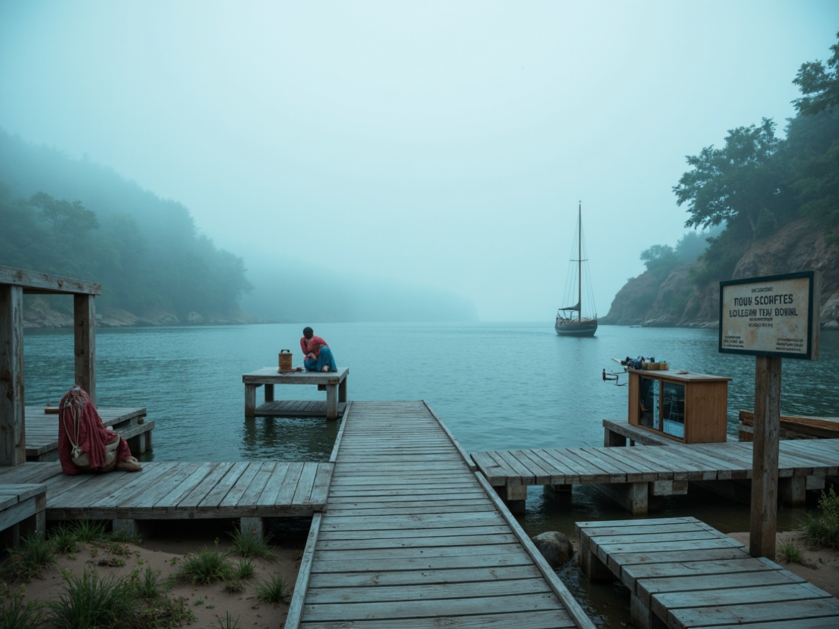 Prompt: \Calm oceanic atmosphere, serene blue hues, misty mornings, soft gentle waves, weathered wooden docks, rustic rope textures, nautical navigation instruments, vintage sailing vessels, distressed denim fabrics, faded beach signs, sun-bleached driftwood, tranquil sea breeze, warm sandy dunes, shallow depth of field, 1/1 composition, realistic renderings, atmospheric perspective.\