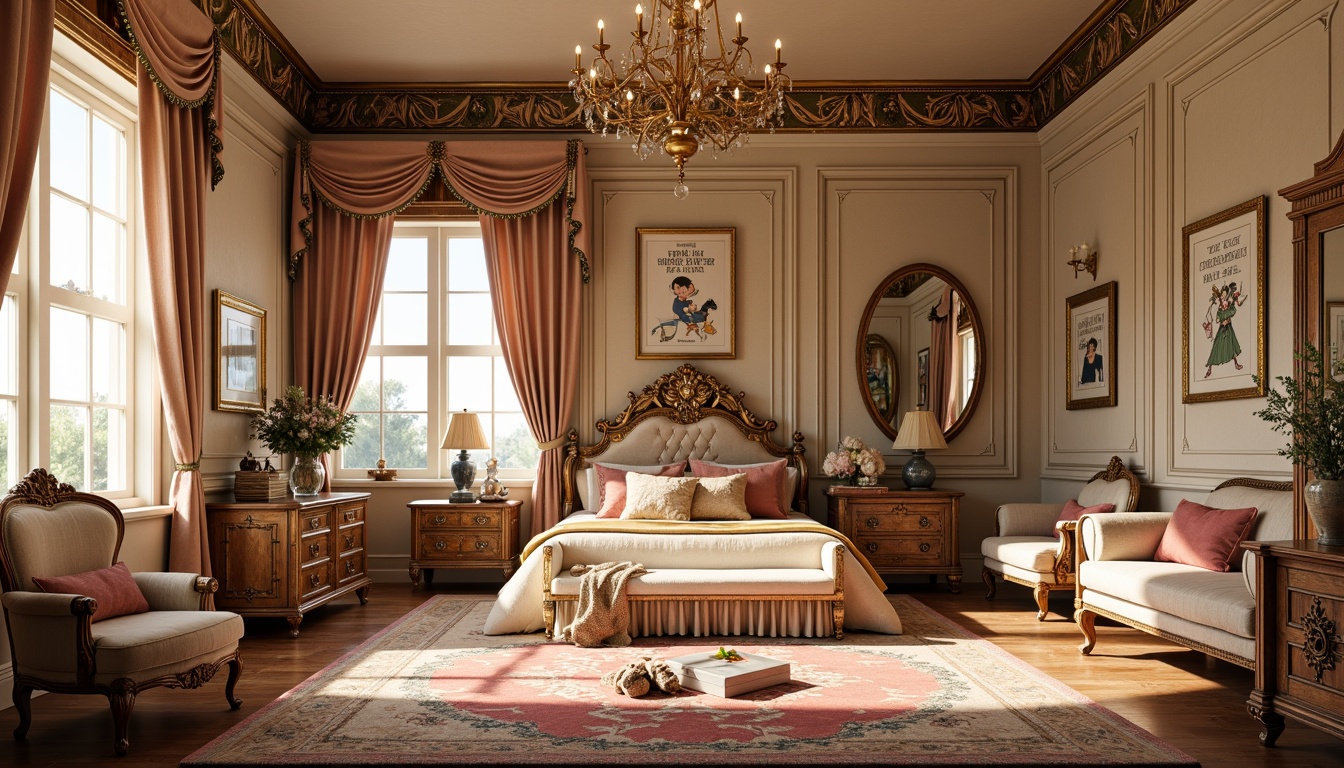 Prompt: Renaissance-style kids' room, ornate wooden furniture, rich velvet fabrics, intricate carvings, golden accents, majestic chandeliers, soft warm lighting, gentle color palette, whimsical wall art, framed fairy tales, inspirational quotes, playful cartoon characters, tender pastel hues, creamy whites, beveled mirrors, elegant crown moldings, luxurious drapes, classic European-inspired decor, ornamental vases, fresh flower arrangements, serene afternoon ambiance, shallow depth of field, 1/1 composition, realistic textures.