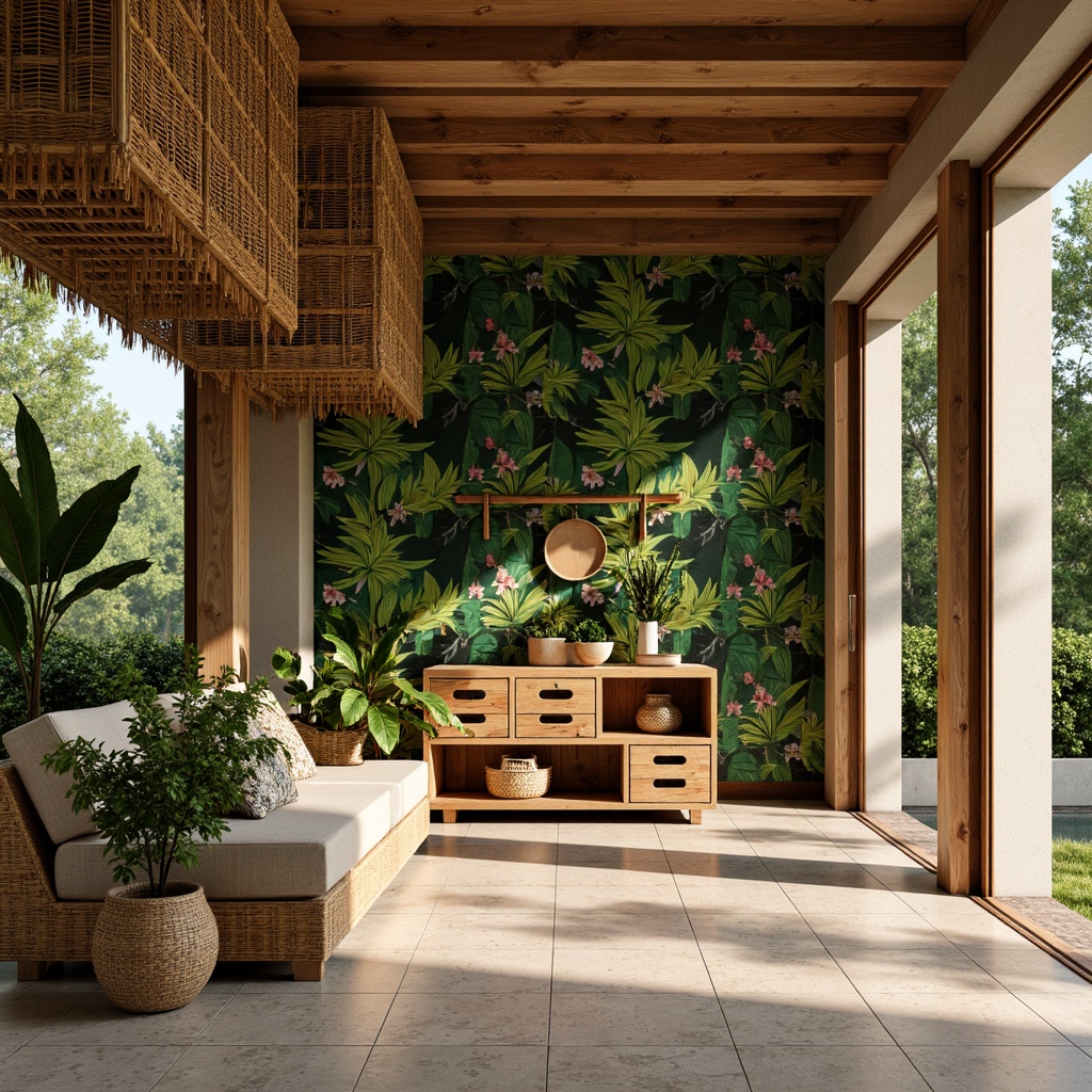 Prompt: Tropical storage room, woven rattan shelving units, natural wood accents, vibrant greenery walls, exotic floral patterns, colorful tassel details, reclaimed wood crates, woven bamboo baskets, modern minimalist decor, large sliding glass doors, soft warm lighting, shallow depth of field, 3/4 composition, realistic textures, ambient occlusion.