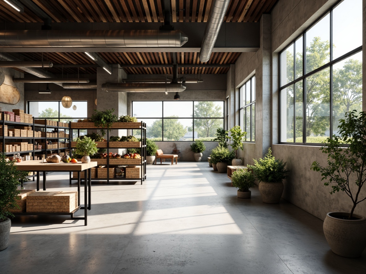 Prompt: Simple grocery store, minimalist interior, clean lines, monochromatic color scheme, industrial lighting, polished concrete floors, wooden shelves, metal racks, greenery accents, natural stone walls, open ceilings, abundant natural light, soft shadows, 1/1 composition, shallow depth of field, realistic textures, ambient occlusion.