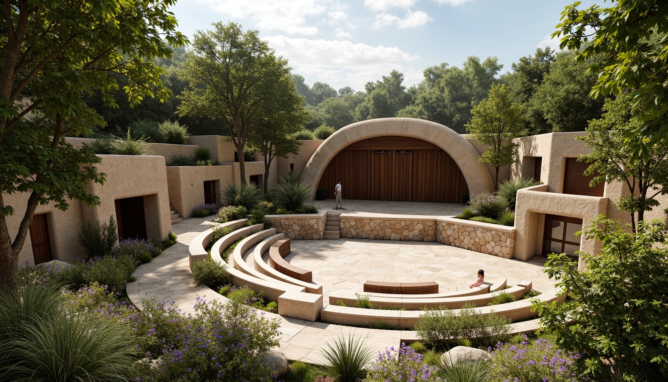 Prompt: Organic amphitheater, natural stone seating, wooden stage, lush greenery, living walls, rustic wooden accents, earthy color palette, curved lines, open-air performance space, daytime ambiance, soft warm lighting, shallow depth of field, 3/4 composition, panoramic view, realistic textures, ambient occlusion.