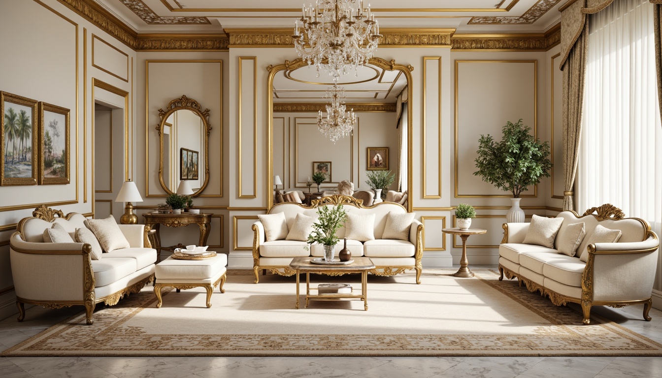 Prompt: Luxurious Rococo-inspired interior, ornate furnishings, golden accents, soft creamy whites, pale pastel hues, intricately patterned rug, marble flooring, inlaid wood designs, polished hardwood surfaces, gilded moldings, crystal chandeliers, velvet drapes, lavish textiles, subtle sheen, warm ambient lighting, 1/2 composition, ornate framing, realistic reflections.