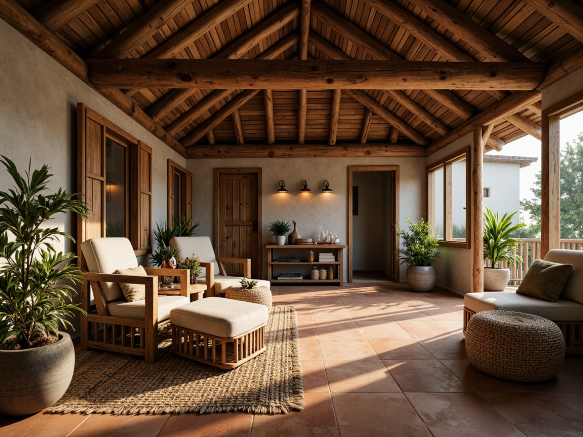 Prompt: Rustic wooden cabins, natural stone walls, earthy terracotta floors, woven bamboo furniture, jute rugs, linen upholstery, reclaimed wood accents, living green walls, potted plants, warm candlelight, soft diffused lighting, shallow depth of field, 1/1 composition, cozy atmosphere, organic textures, ambient occlusion.