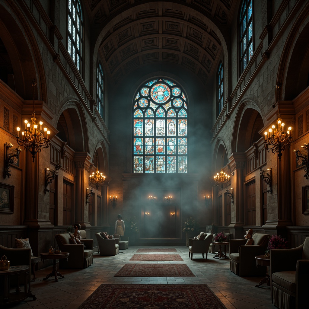 Prompt: Dimly lit grand hall, vaulted ceilings, stained glass windows, ornate chandeliers, candelabras, warm golden lighting, soft shadows, mysterious ambiance, rich wood tones, stone walls, intricate carvings, dramatic archways, mystical atmosphere, subtle color palette, eerie silence, foggy mist, narrow staircases, grandiose furniture, regal textiles, luxurious fabrics, subtle animations, cinematic lighting, high contrast ratio, warm color temperature, 1/2 composition, cinematic depth of field.