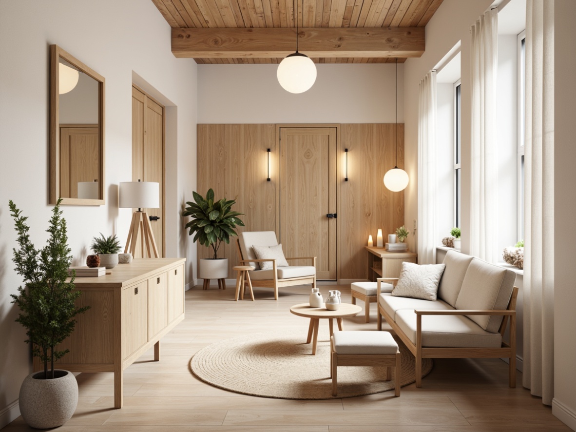 Prompt: Minimalist Scandinavian hall, Nordic-inspired furniture, light wood tones, natural textures, woven rugs, cozy atmosphere, soft warm lighting, table lamps, floor lamps, pendant lights, string lights, candles, LED strips, hidden lighting, indirect illumination, ambient glow, bright accents, creamy whites, pale woods, airy openness, high ceilings, large windows, Nordic minimalism, functional design, simplicity and elegance.