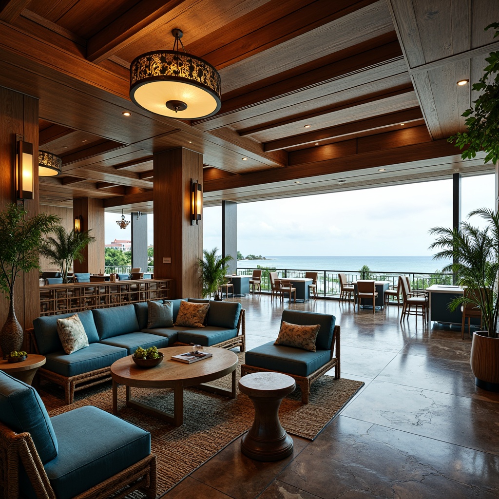 Prompt: Luxurious casino interior, coastal vibe, ocean-inspired color palette, rich wood accents, plush velvet upholstery, sleek metal legs, ornate carved details, statement lighting fixtures, floor-to-ceiling windows, breathtaking sea views, natural stone flooring, woven rattan furniture, nautical rope embellishments, tropical plants, soft ambient lighting, 1/1 composition, shallow depth of field, realistic textures, warm golden tones.