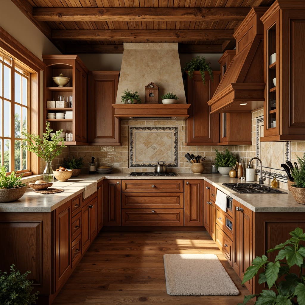 Prompt: Rustic traditional kitchen, warm earthy tones, classic cabinetry, ornate wooden details, elegant marble countertops, decorative tile backsplashes, vintage-inspired appliances, soft golden lighting, shallow depth of field, 1/1 composition, realistic textures, ambient occlusion, warm beige walls, rich brown wood floors, lush greenery, natural stone accents.