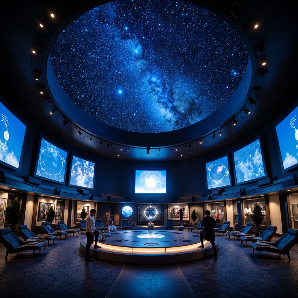 Prompt: Celestial planetarium interior, domed ceiling, dark blue atmosphere, starry night sky projection, textured walls, geometric patterns, metallic accents, sleek lines, modern architecture, circular seating arrangement, interactive exhibits, 3D visualizations, surround sound system, ambient lighting, soft glowing effects, realistic planetary models, astronomical instruments, futuristic ambiance, immersive experience, shallow depth of field, panoramic view.