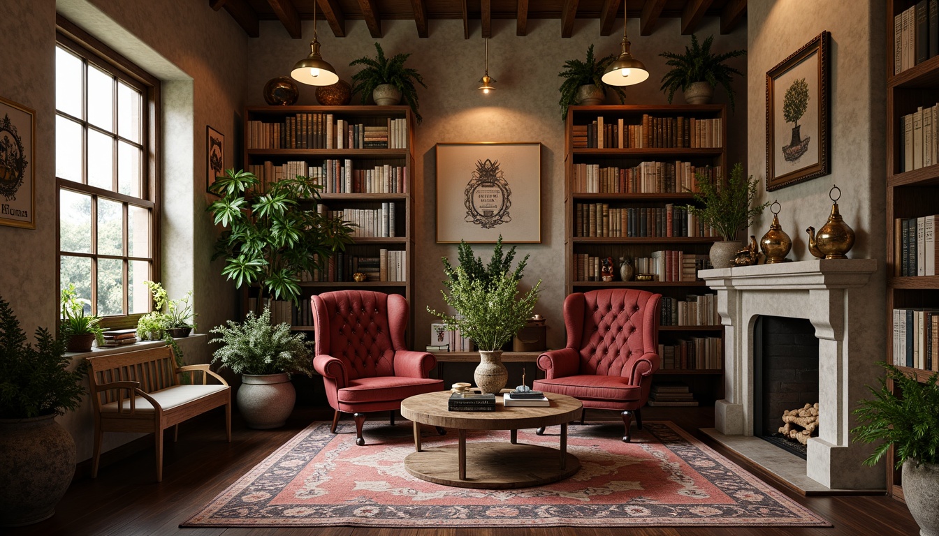 Prompt: Rustic bookshelves, distressed wood accents, vintage leather-bound tomes, soft candlelight, warm beige walls, rich walnut floors, earthy terracotta planters, lush greenery, faded red velvet armchairs, ornate metal lanterns, classic typography, aged paper textures, muted sepia tones, cozy reading nooks, natural stone fireplaces, elegant chandeliers, subtle lavender hues, whimsical book illustrations, antique bookstore signs, charmingly imperfect decorative items.