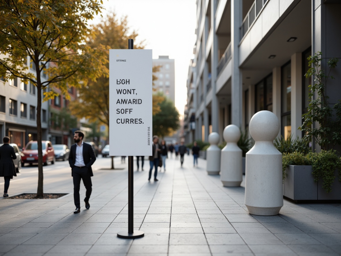 Prompt: Minimalist street signage, clean typography, simple shapes, neutral color palette, subtle branding, elegant font styles, slim metal poles, discreet mounting systems, urban cityscape, busy pedestrian traffic, natural stone pavement, modern architecture, large glass windows, abstract sculptures, greenery accents, soft morning light, shallow depth of field, 1/1 composition.